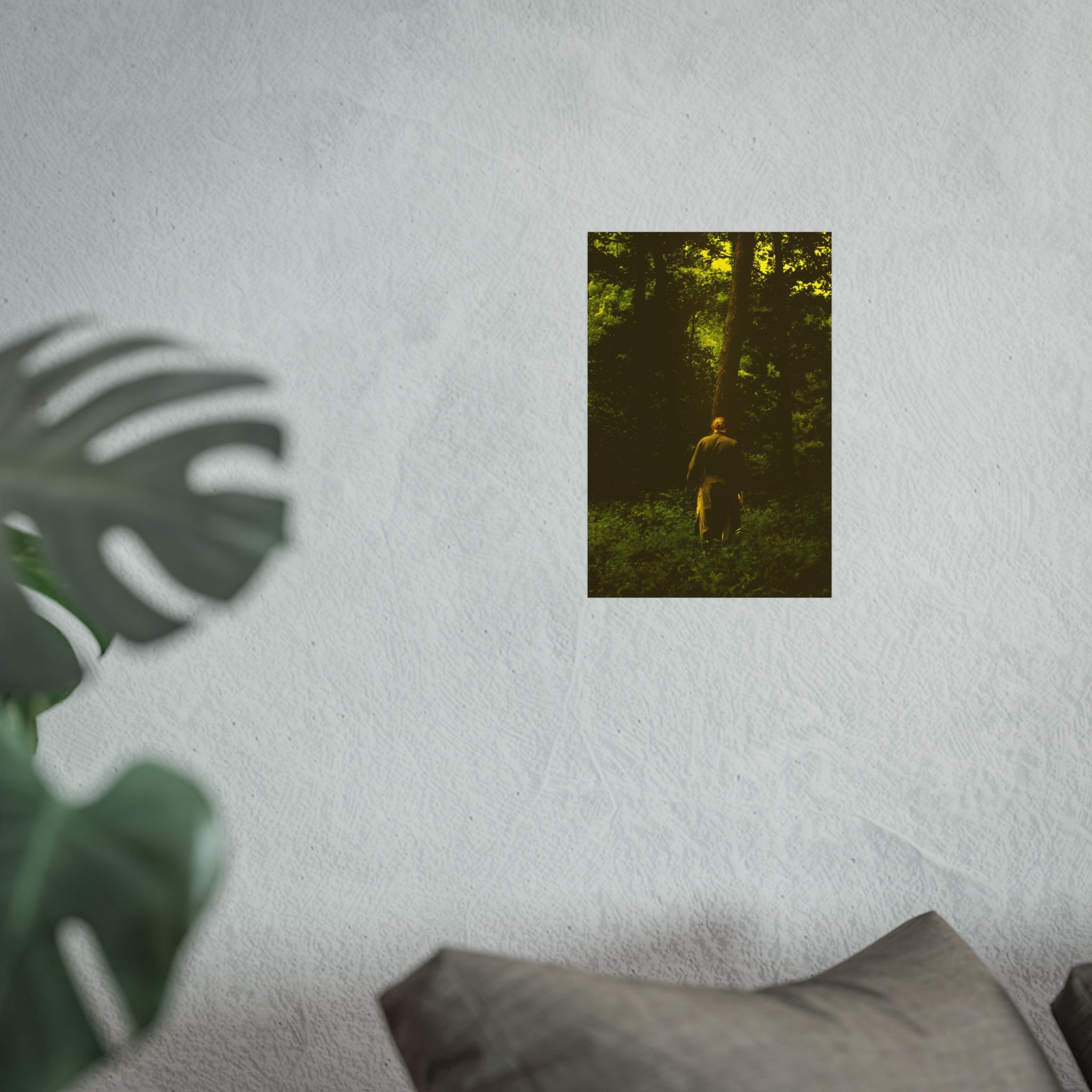 Fine Art Poster — Solitary Figure in Sunlit Forest, Moody Green Photography Print