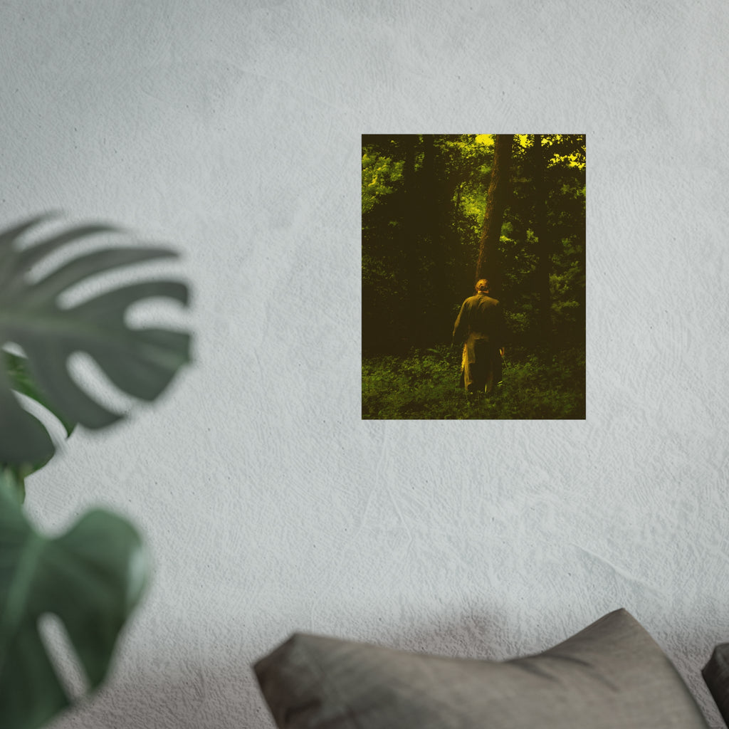 Fine Art Poster — Solitary Figure in Sunlit Forest, Moody Green Photography Print