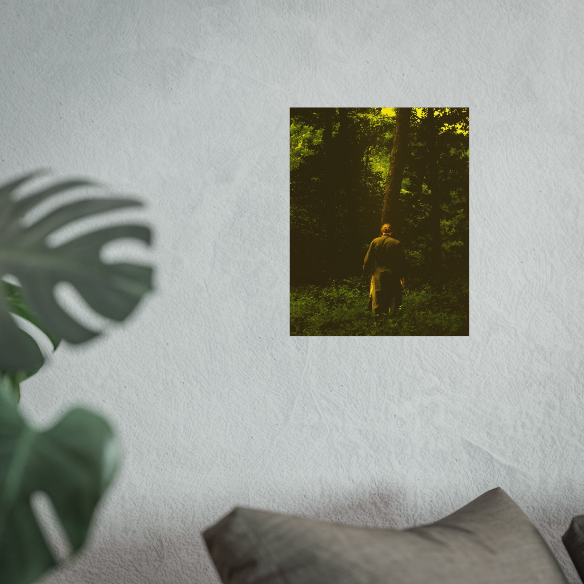 Fine Art Poster — Solitary Figure in Sunlit Forest, Moody Green Photography Print