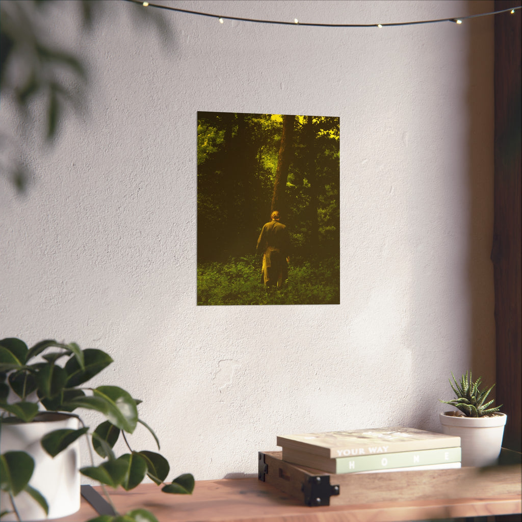 Fine Art Poster — Solitary Figure in Sunlit Forest, Moody Green Photography Print