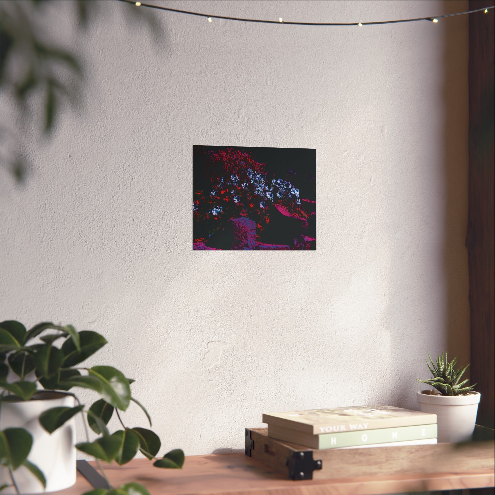Neon Florale Nachtlandschaft Kunstdruck — Abstraktes Neon-Pflanzen Wandbild