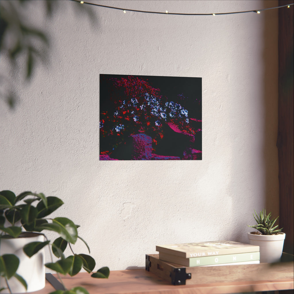 Neon Florale Nachtlandschaft Kunstdruck — Abstraktes Neon-Pflanzen Wandbild