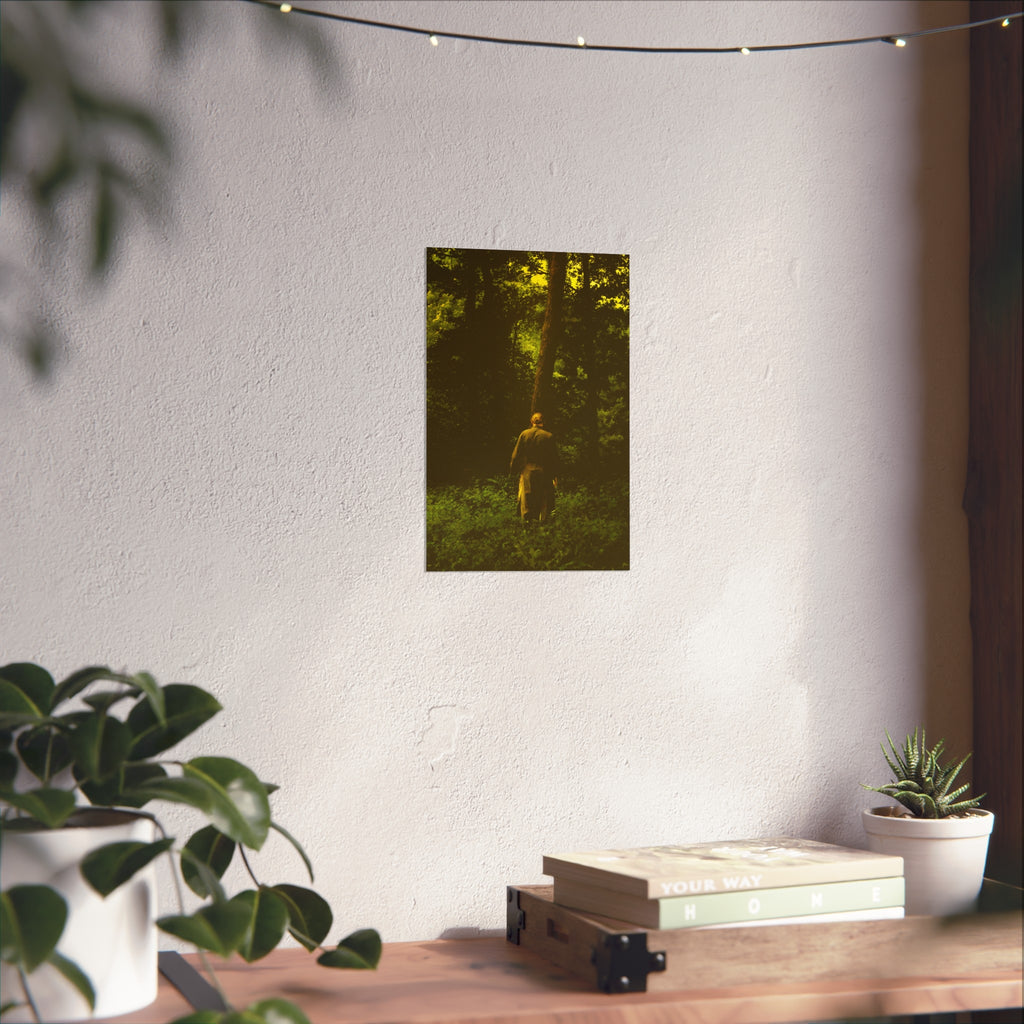 Fine Art Poster — Solitary Figure in Sunlit Forest, Moody Green Photography Print